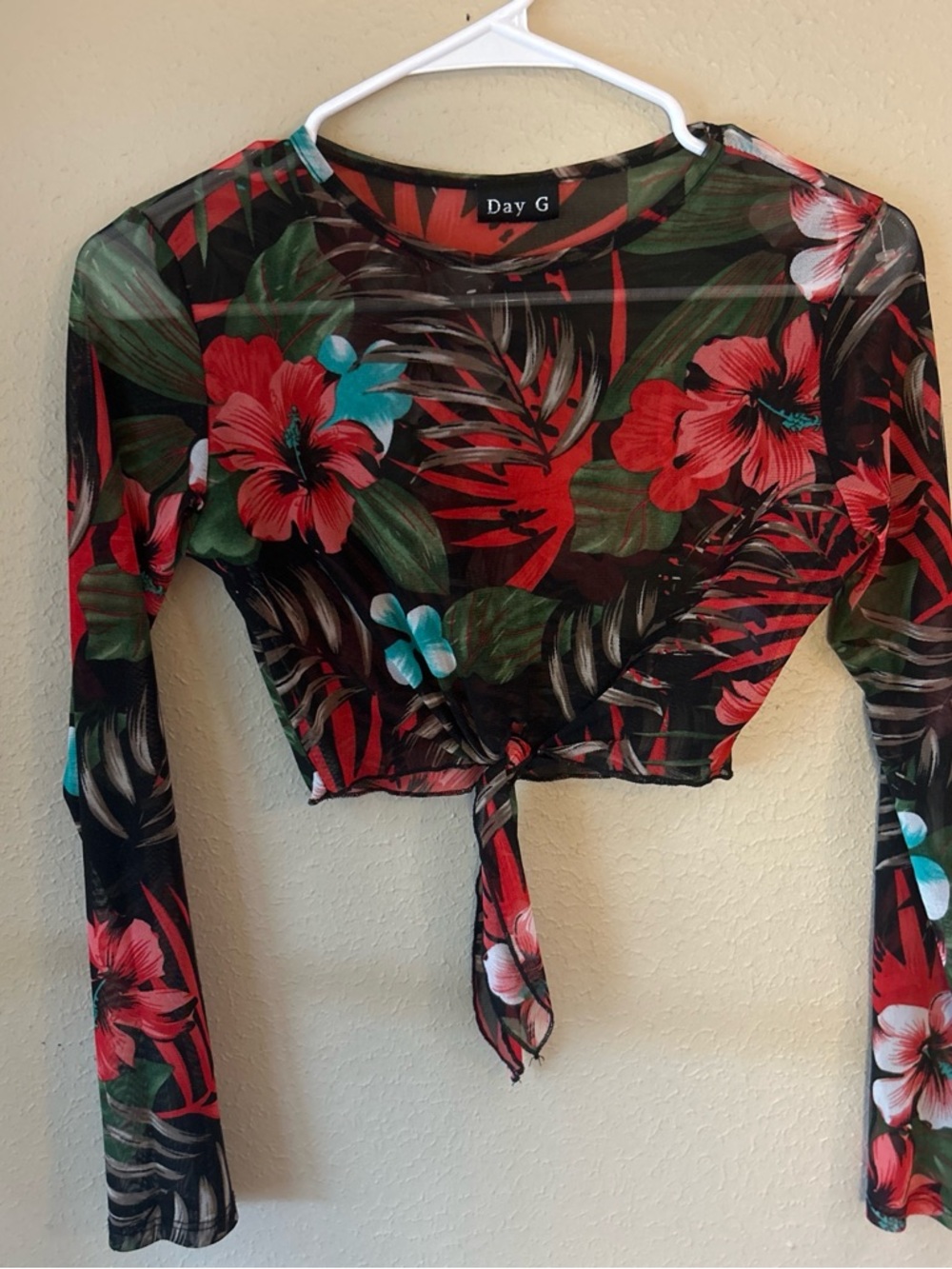 Black Floral Tie-Front Sheer Mesh Crop Top Size M, 0149